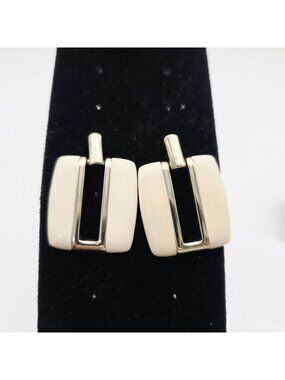 Cream & Gold Geometric Rectangle Drop Earrings With Push Backs 1980's